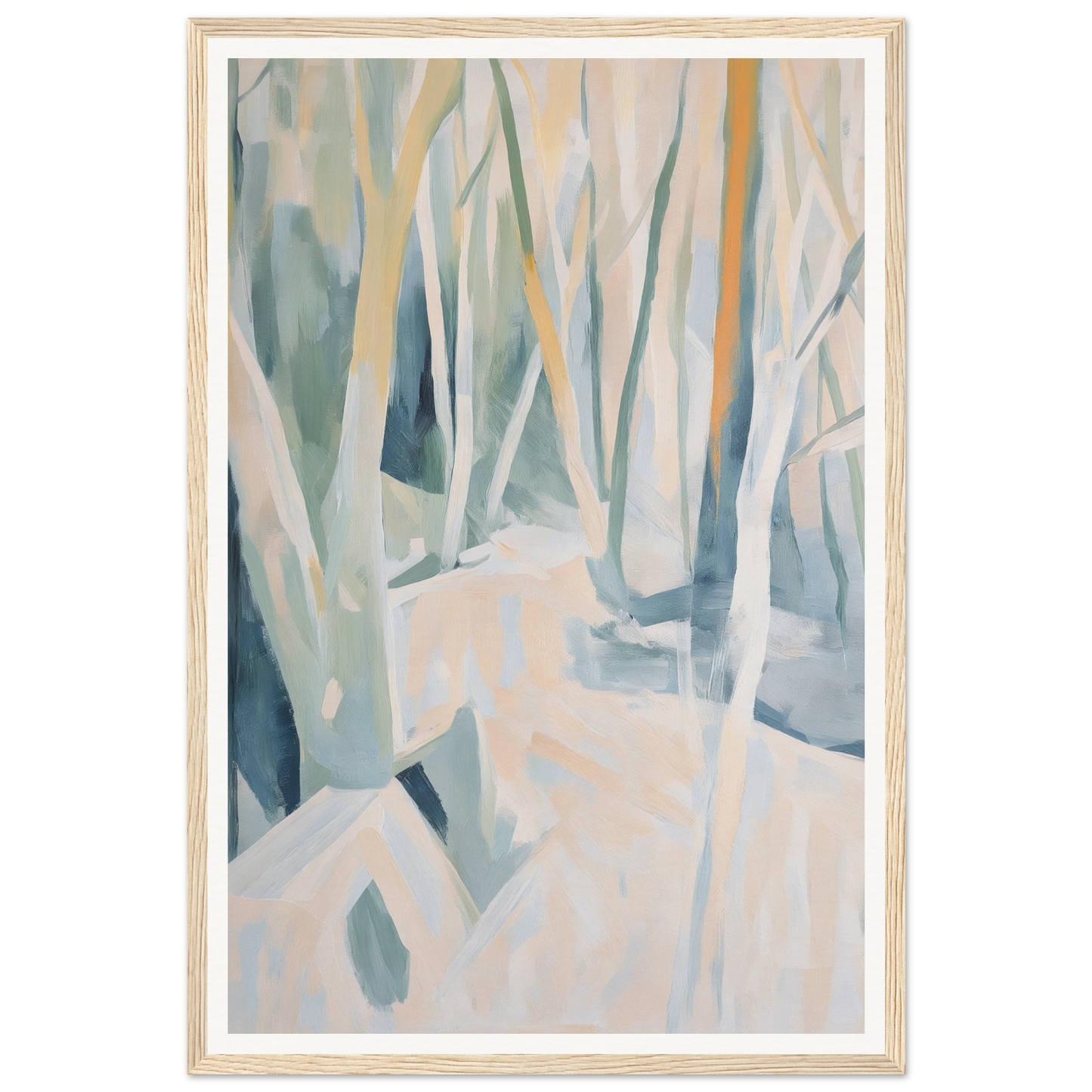 Framed wall art featuring an abstract forest in blue, orange, and white hues.