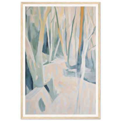 Framed wall art featuring an abstract forest in blue, orange, and white hues.