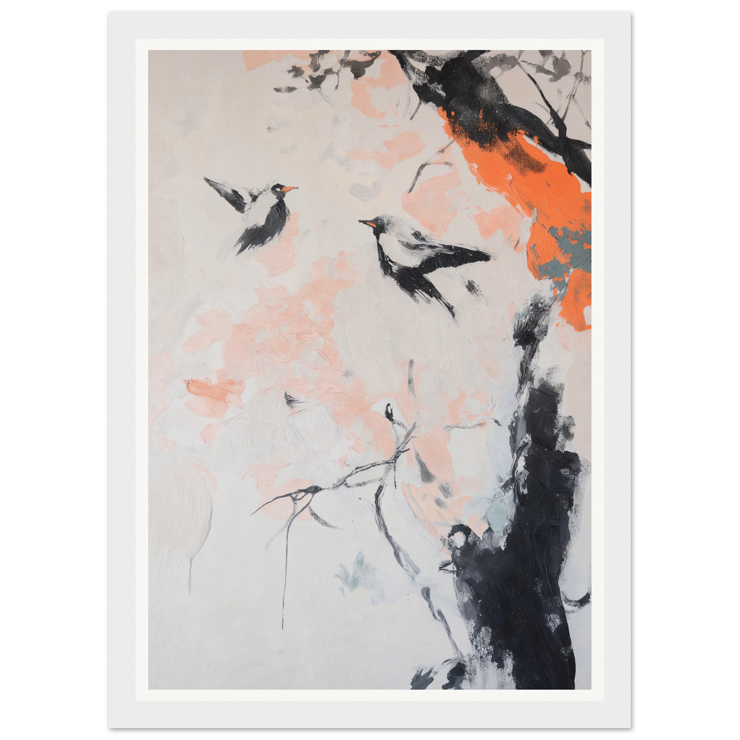 Framed wall art of two birds with orange accents on a tree branch, perfect for room decor.