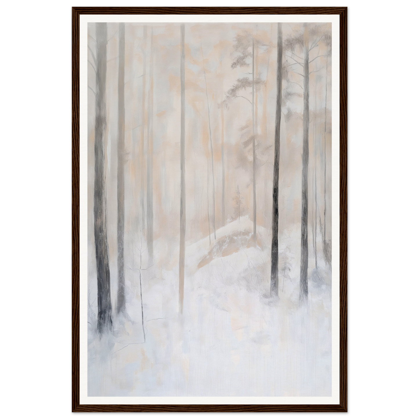 Framed wall art of a misty forest with tall trees in soft, muted colors for elegant room decor.