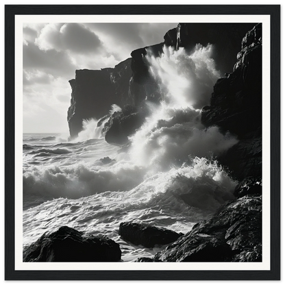 Dramatic black and white ocean waves crash on cliffs in Ephemeral Stone Symphony framed poster