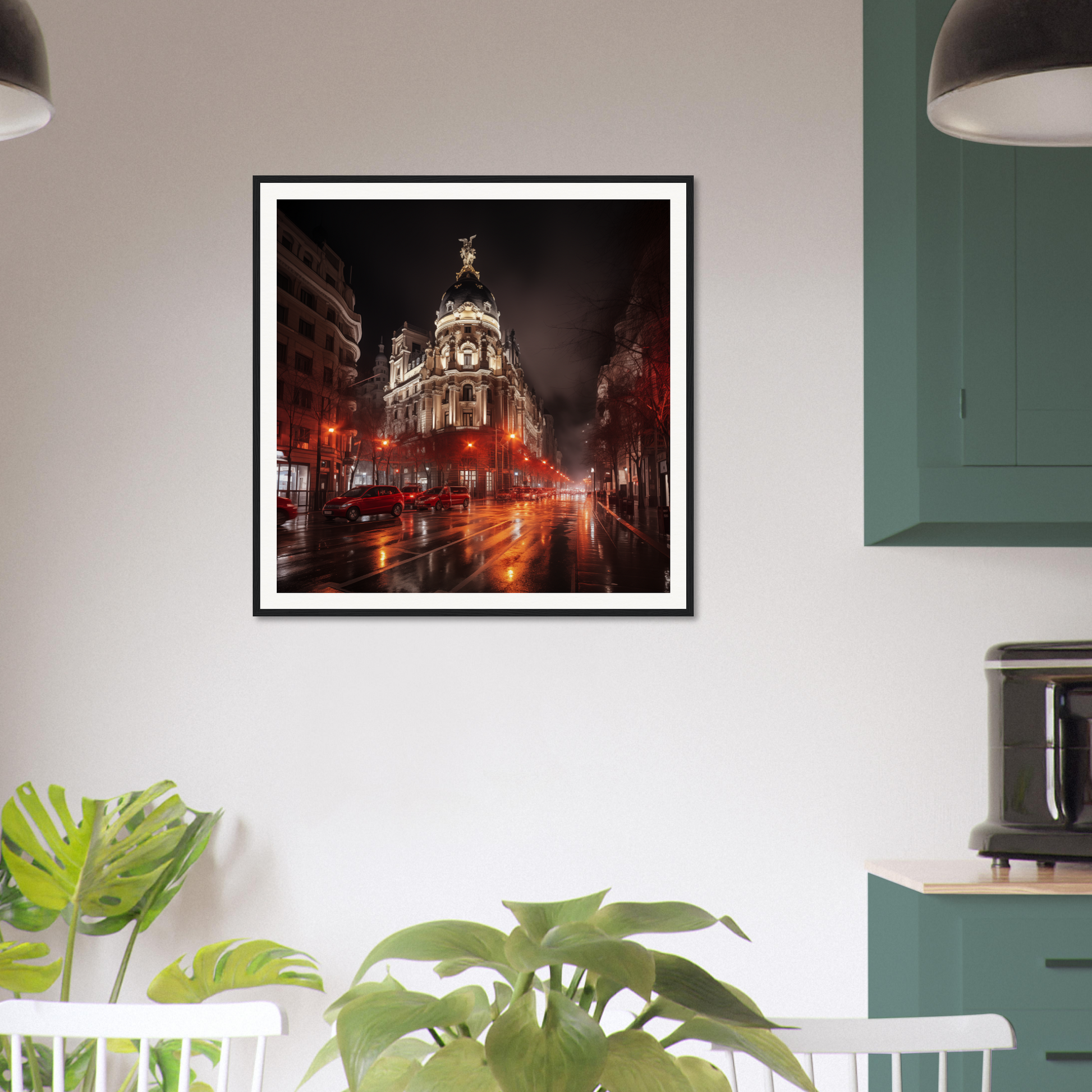 Framed Majestic Night Reverie art featuring a vibrant cityscape and red light trails