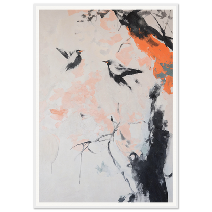 Framed wall art of two birds in flight near tree branches with splashes of orange and pink.