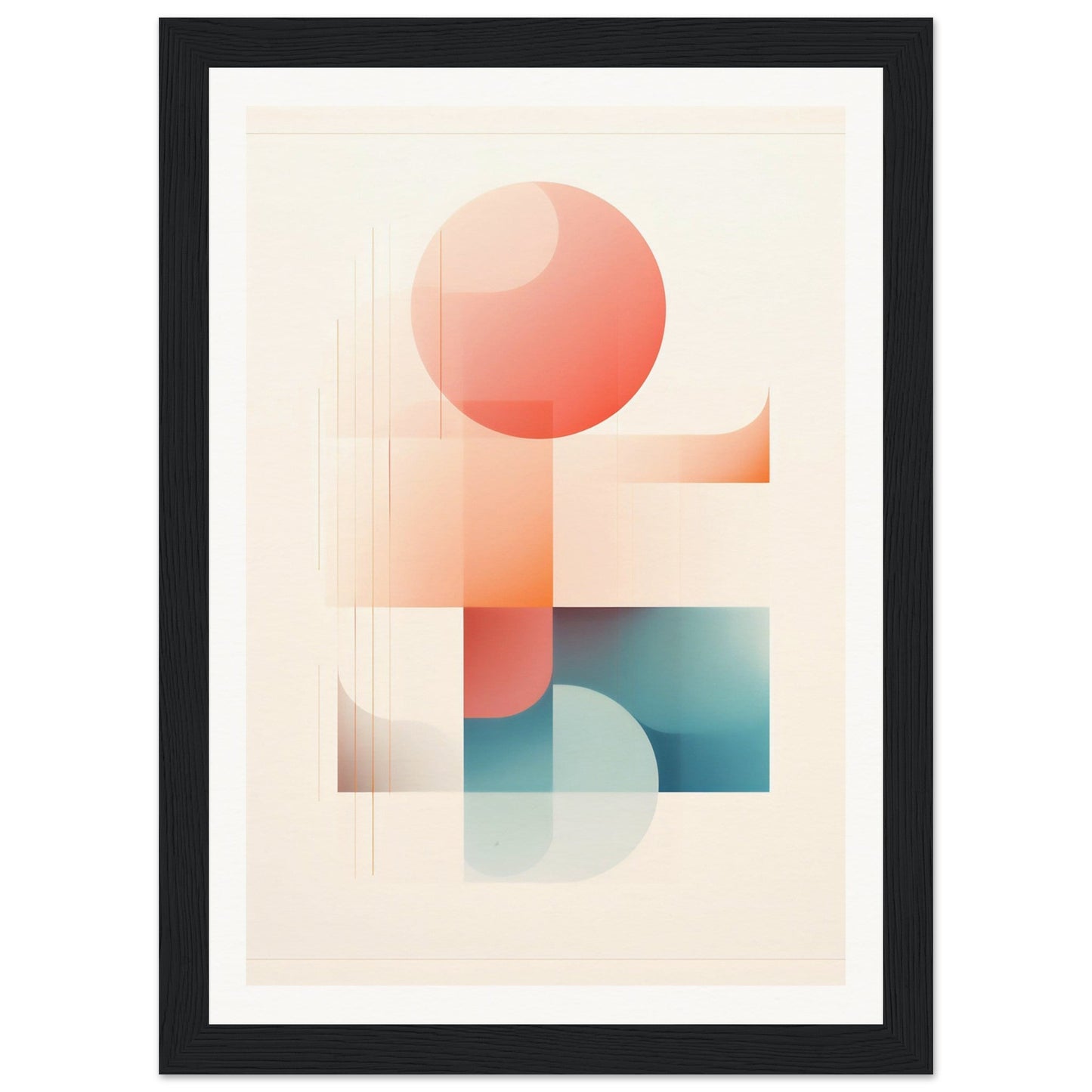 Abstract geometric composition featuring soft-colored shapes including circles and rectangles in coral and teal tones.