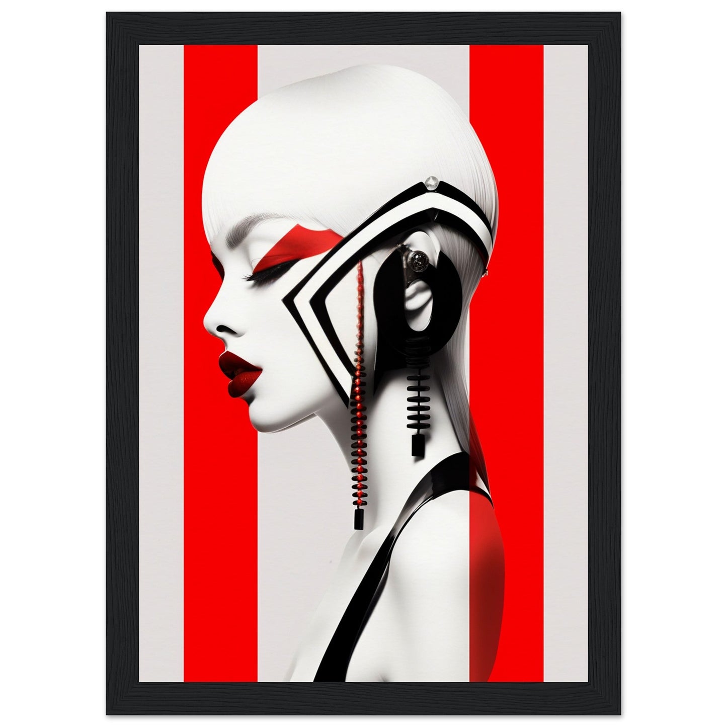 Stylized profile portrait of a figure with bold red and white geometric elements and dramatic black accents.