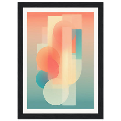 Abstract geometric artwork featuring overlapping translucent shapes in soft pastel colors.