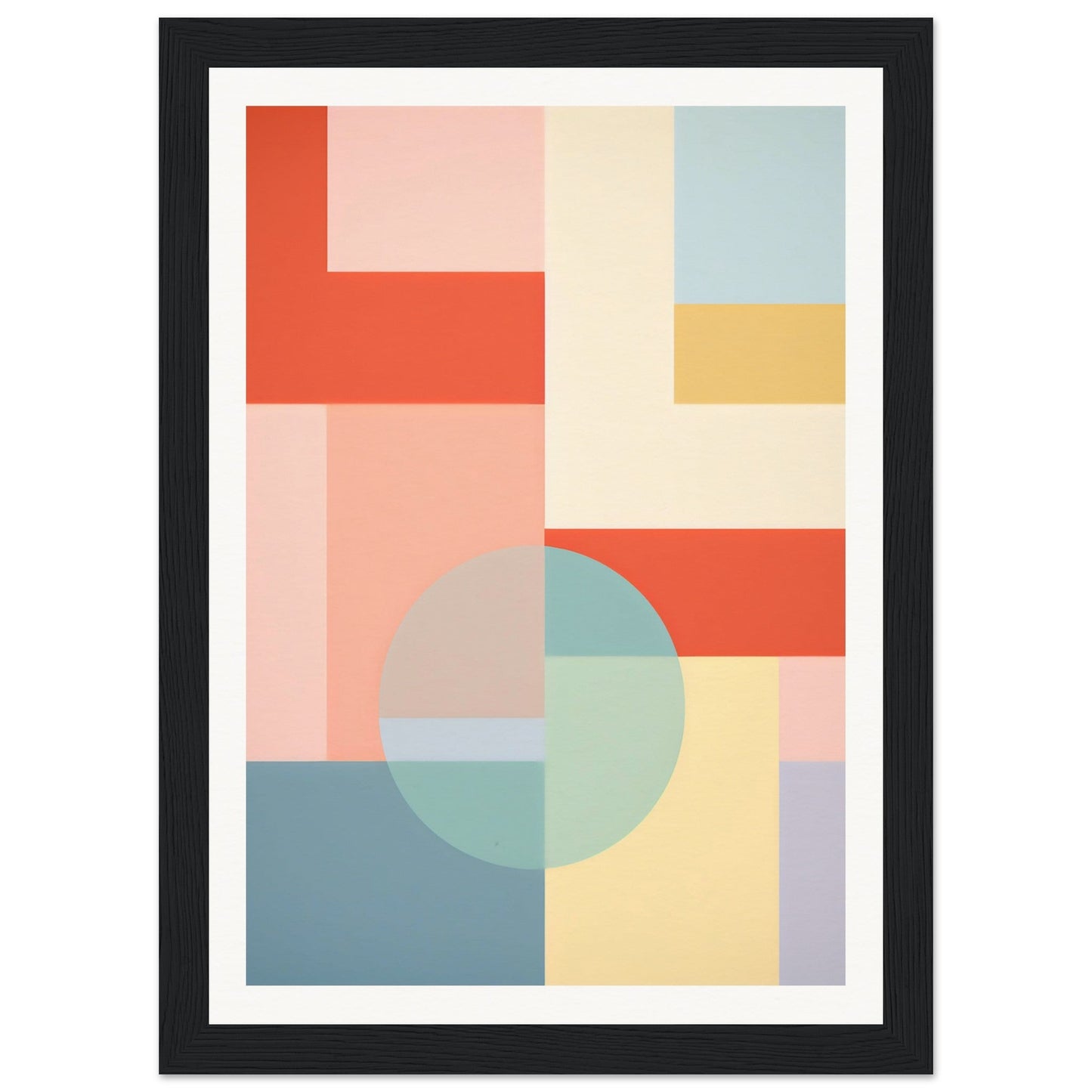 Abstract geometric artwork featuring pastel-colored shapes and blocks arranged in a balanced composition.