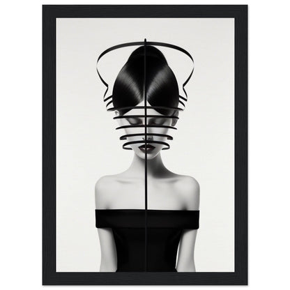 Surreal black and white portrait of a figure wearing an elaborate geometric headdress.