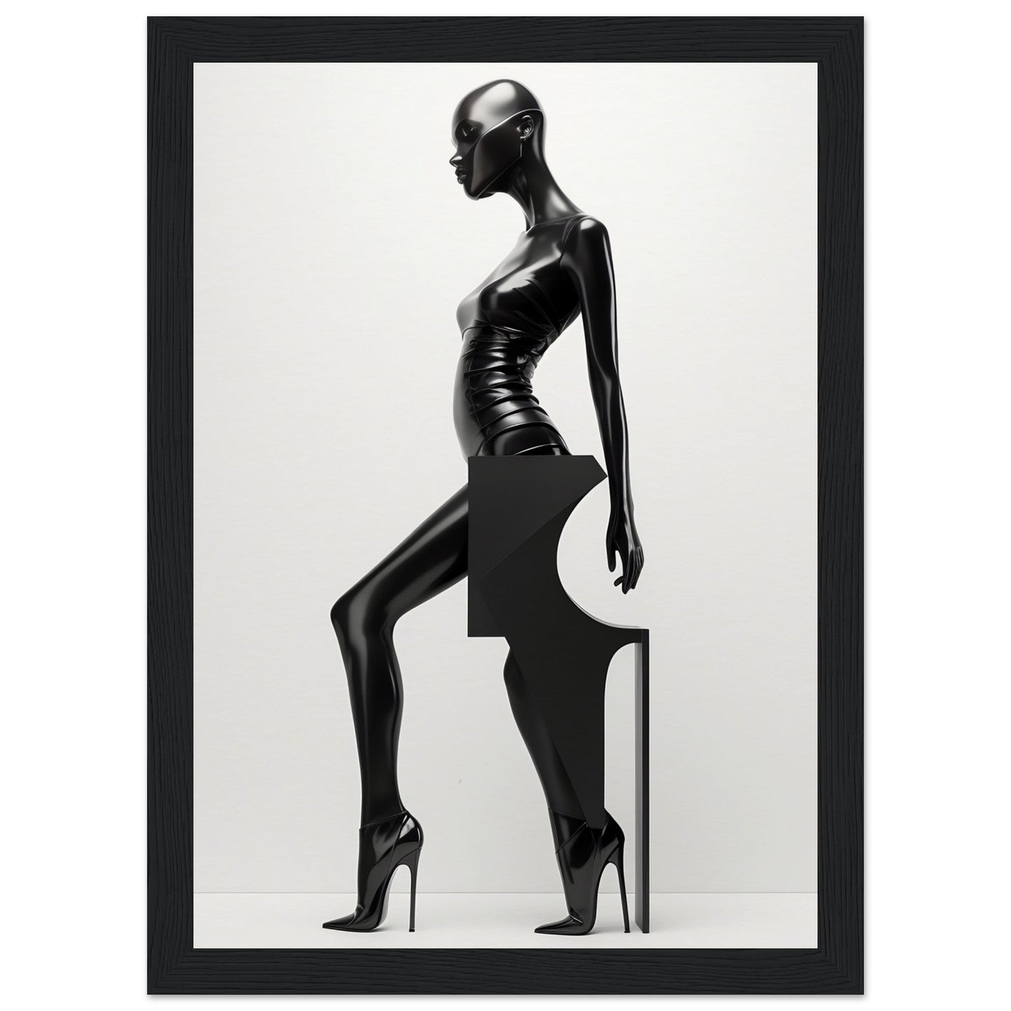 Sleek black mannequin in a striking pose wearing high heels.