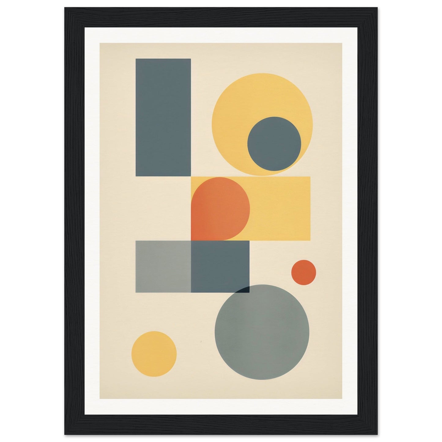 Abstract geometric artwork featuring circles, rectangles, and squares in muted colors.