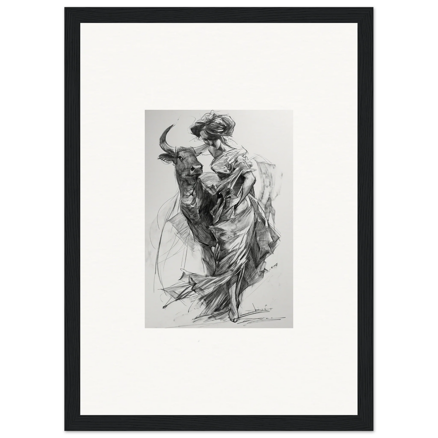 Dynamic black and white sketch of a matador and bull in Ebullient Abstract Liaisons