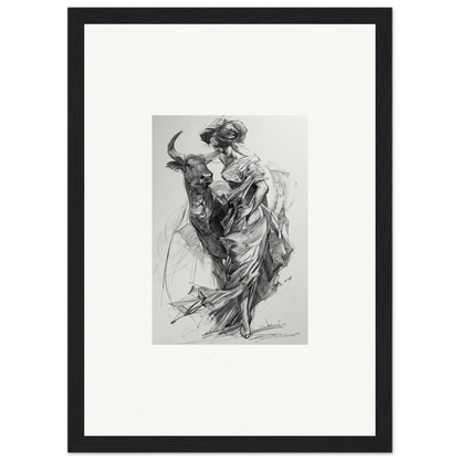 Dynamic black and white sketch of a matador and bull in Ebullient Abstract Liaisons