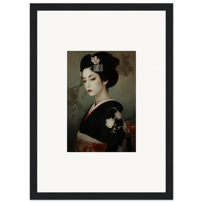 Framed wall art of a geisha in black kimono from Cherry Dream Surrealism collection