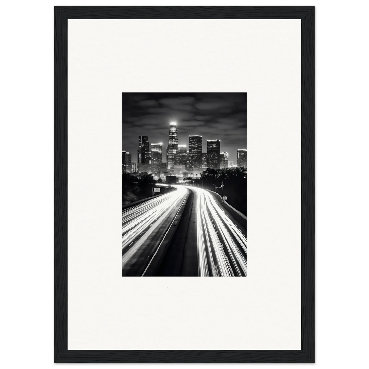 Black and white cityscape with light trails, perfect for framed wall art in your space