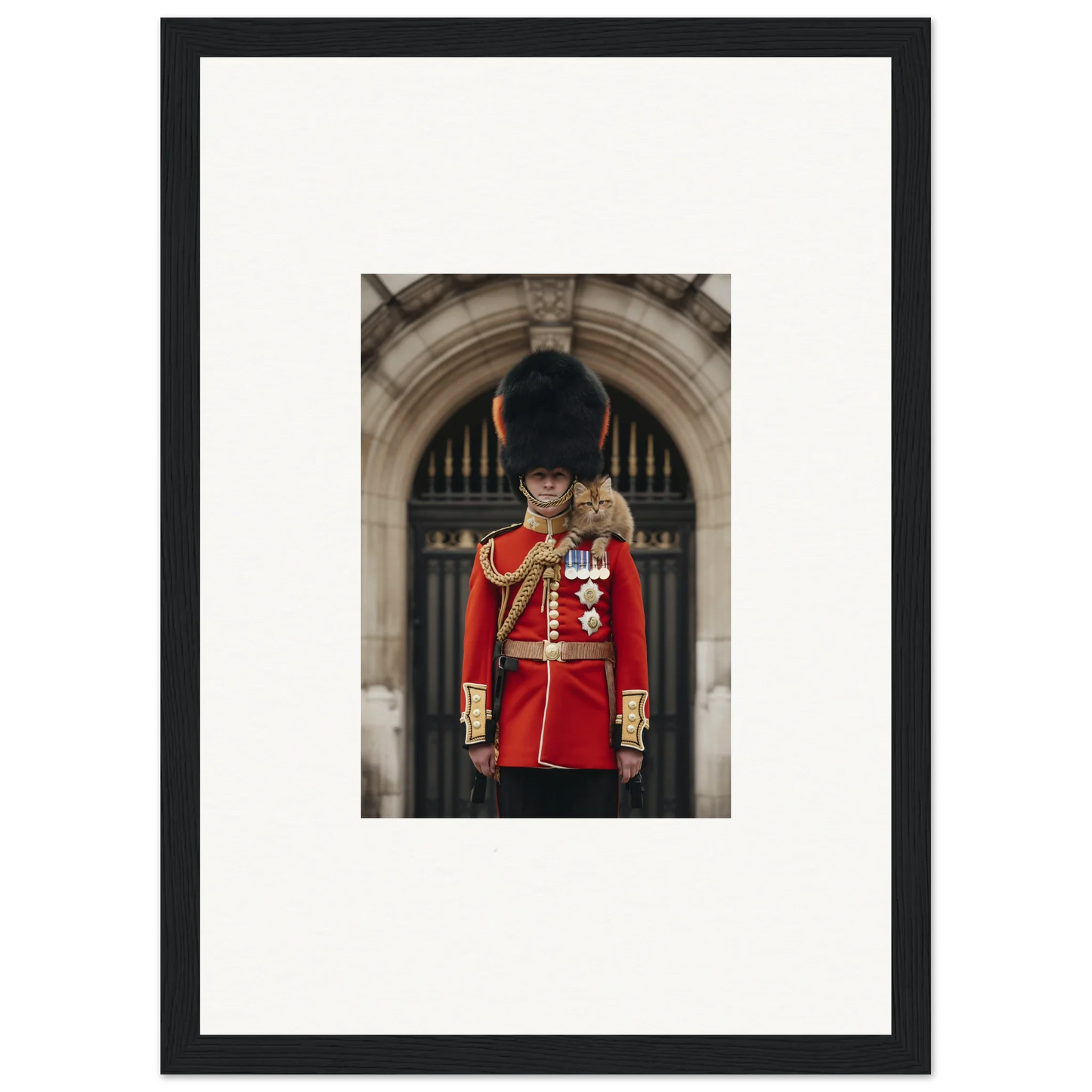 Royal Red Reverie features a royal guard in red uniform and bearskin hat for framed wall art