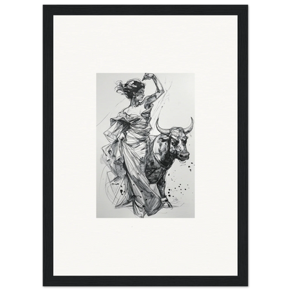 Dynamic black and white sketch of a figure on a bull from Tauripe Mystique Visions