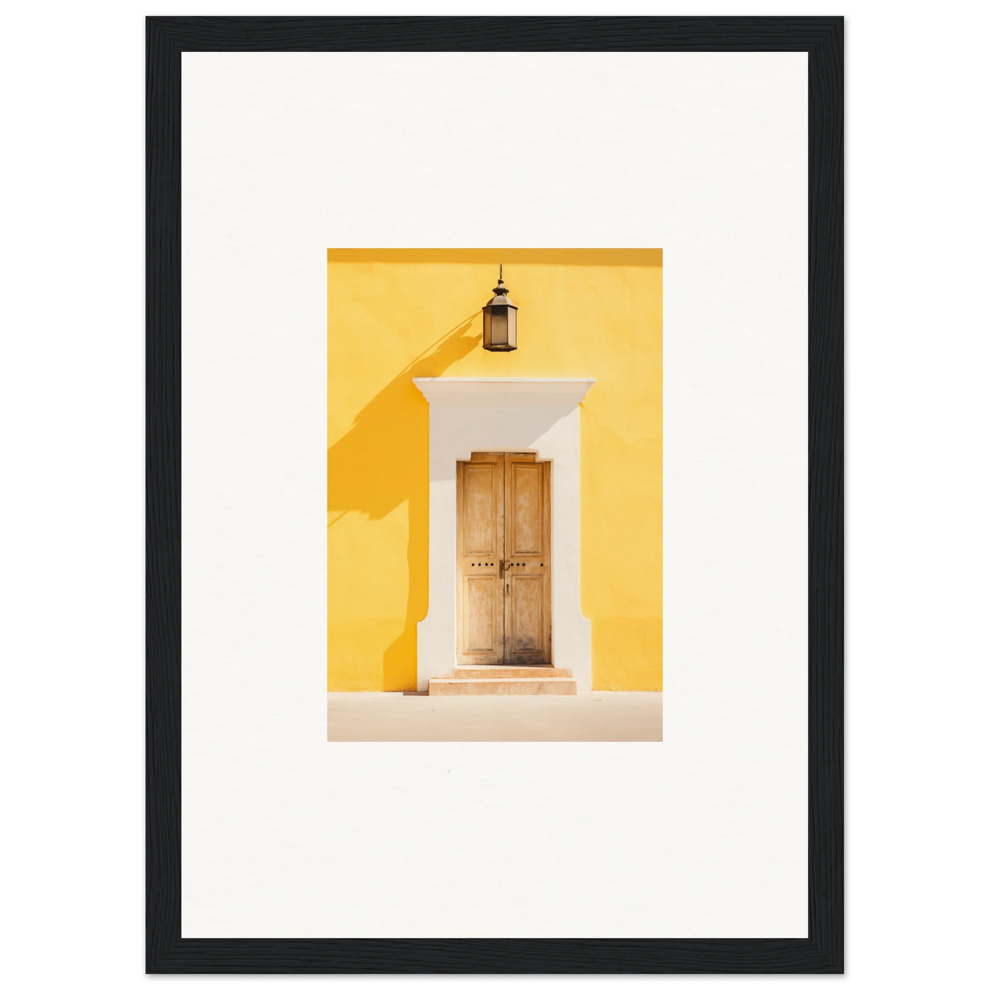 Wooden door on bright yellow wall with lantern above in Golden Hue Portal art piece