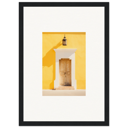 Wooden door on bright yellow wall with lantern above in Golden Hue Portal art piece