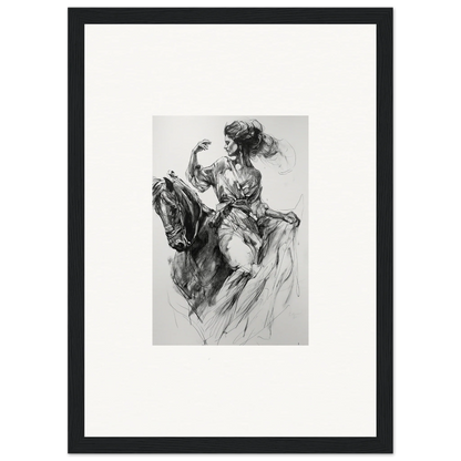 Black and white sketch of horseback rider in flowing garments for Ephemeral Journey Grafikermania