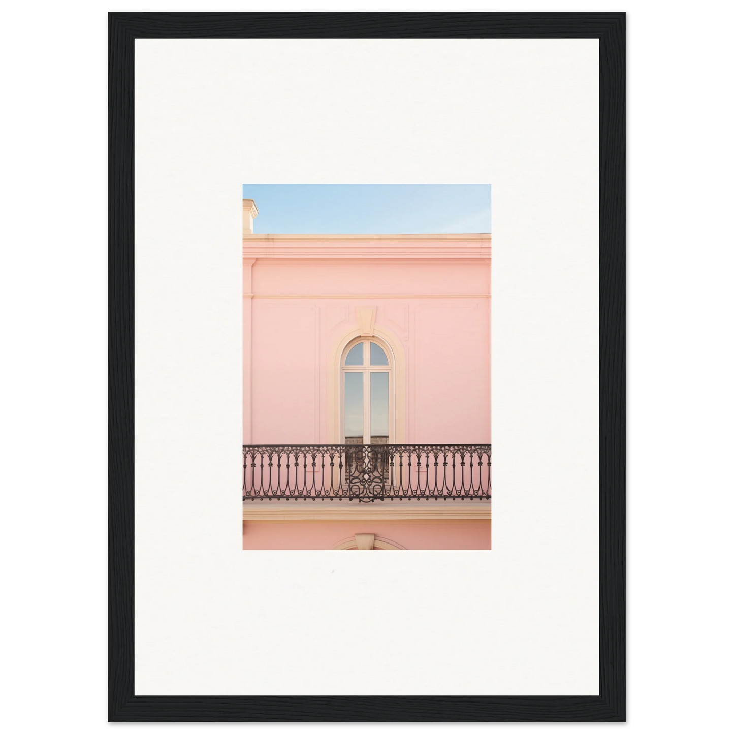 Arched window with ornate railing on a pink building, Peach Tranquil Portal art piece