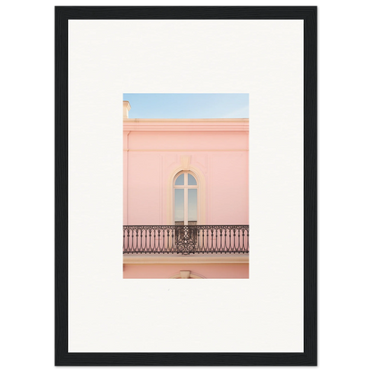 Arched window with ornate railing on a pink building, Peach Tranquil Portal art piece