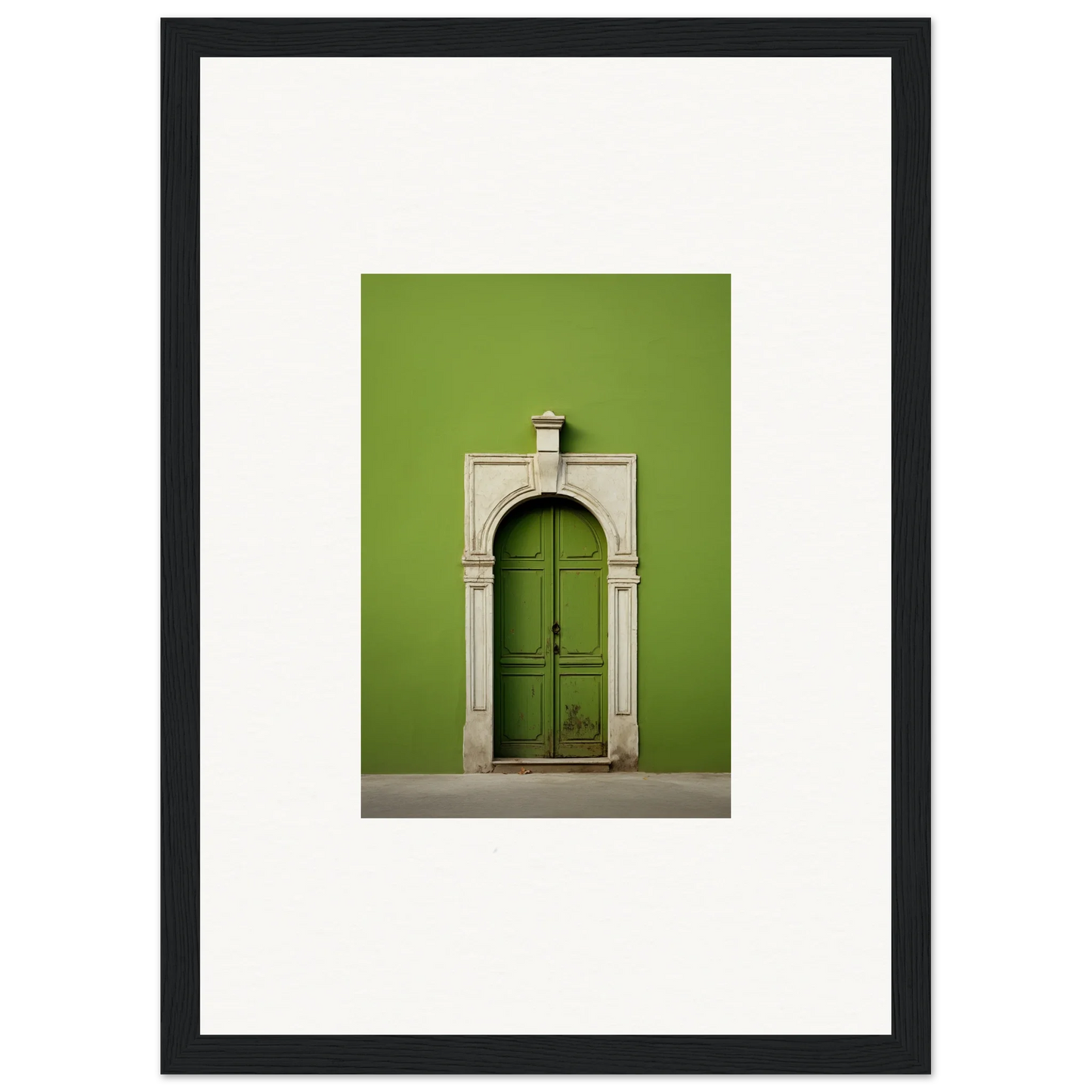 Green Origins premium framed wall art featuring a green wooden door in a stone archway