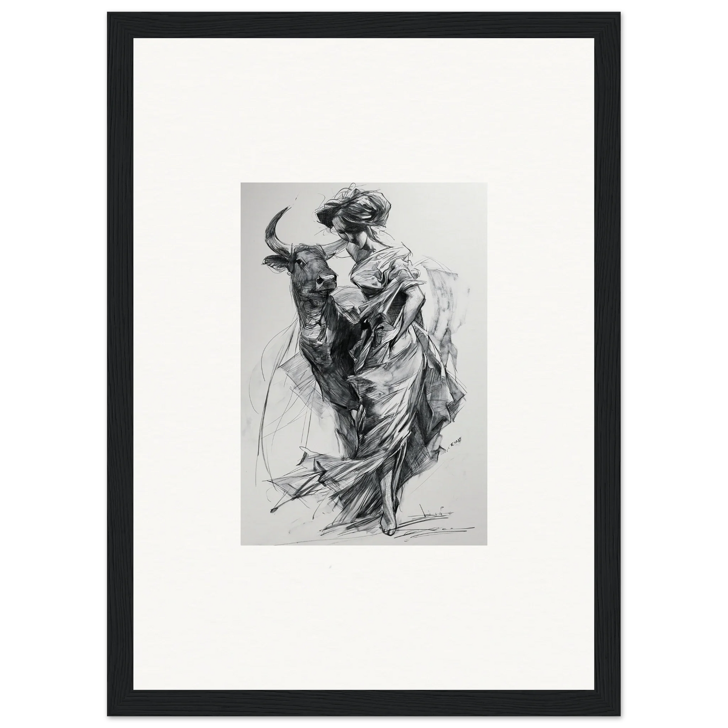 Black and white sketch of a bullfighter and bull in motion from Sylvan Euphoria Lumia