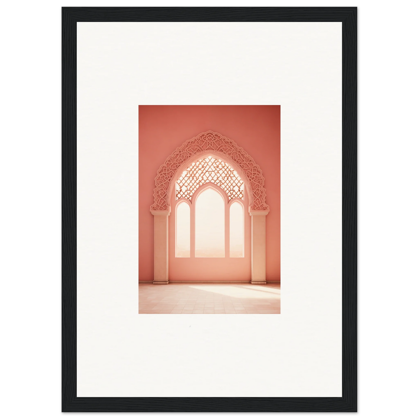 Ornate archway with Moorish carvings in coral pink for Versaille Sunset Reimagined art