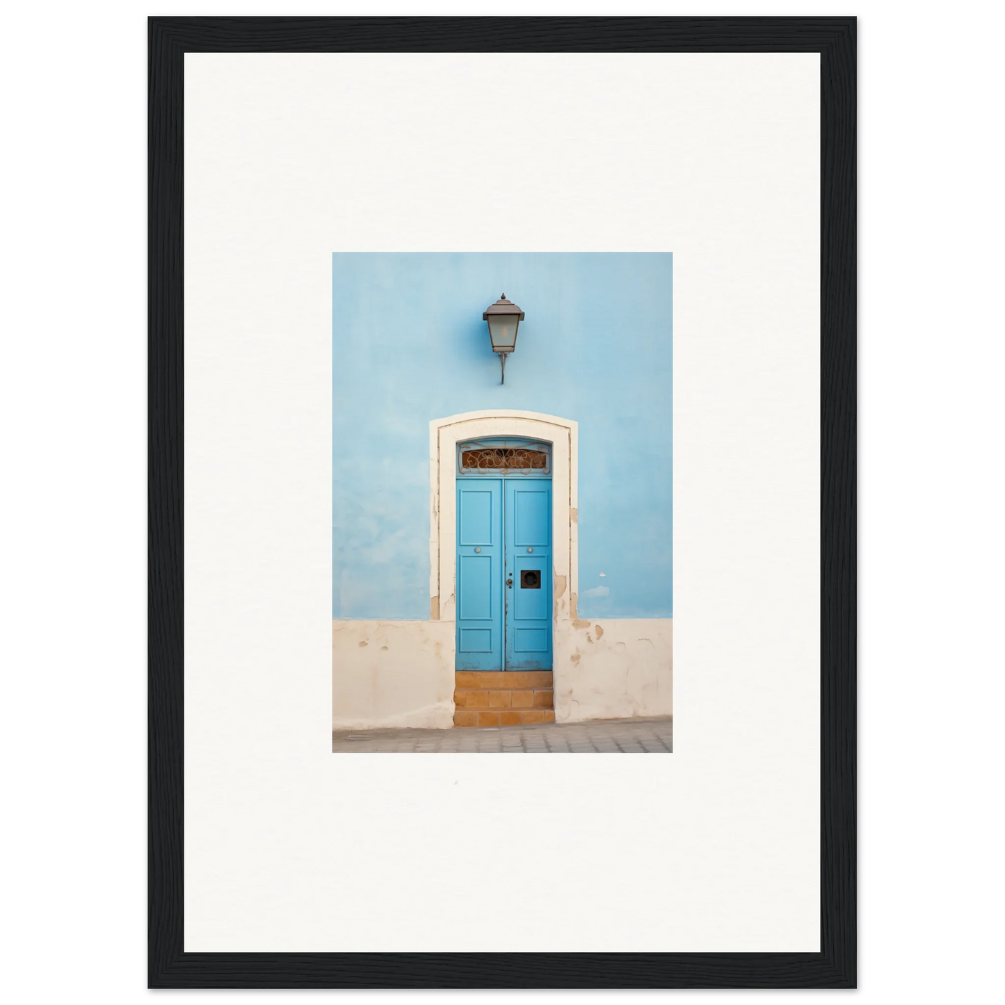 Bright blue wooden door with white stone trim, perfect for Surreal Azure Vesaurrezz art