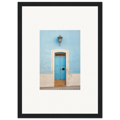 Bright blue wooden door with white stone trim, perfect for Surreal Azure Vesaurrezz art