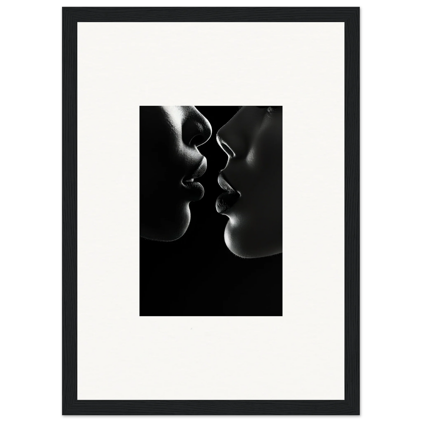 Silhouetted profiles about to kiss in Midnight Kiss Darkness framed wall art