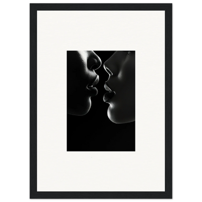 Silhouetted profiles about to kiss in Midnight Kiss Darkness framed wall art