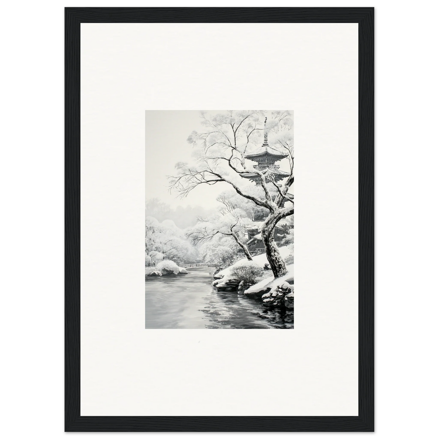 Black-framed wall art of a winter landscape from Timeless Snow Fables collection