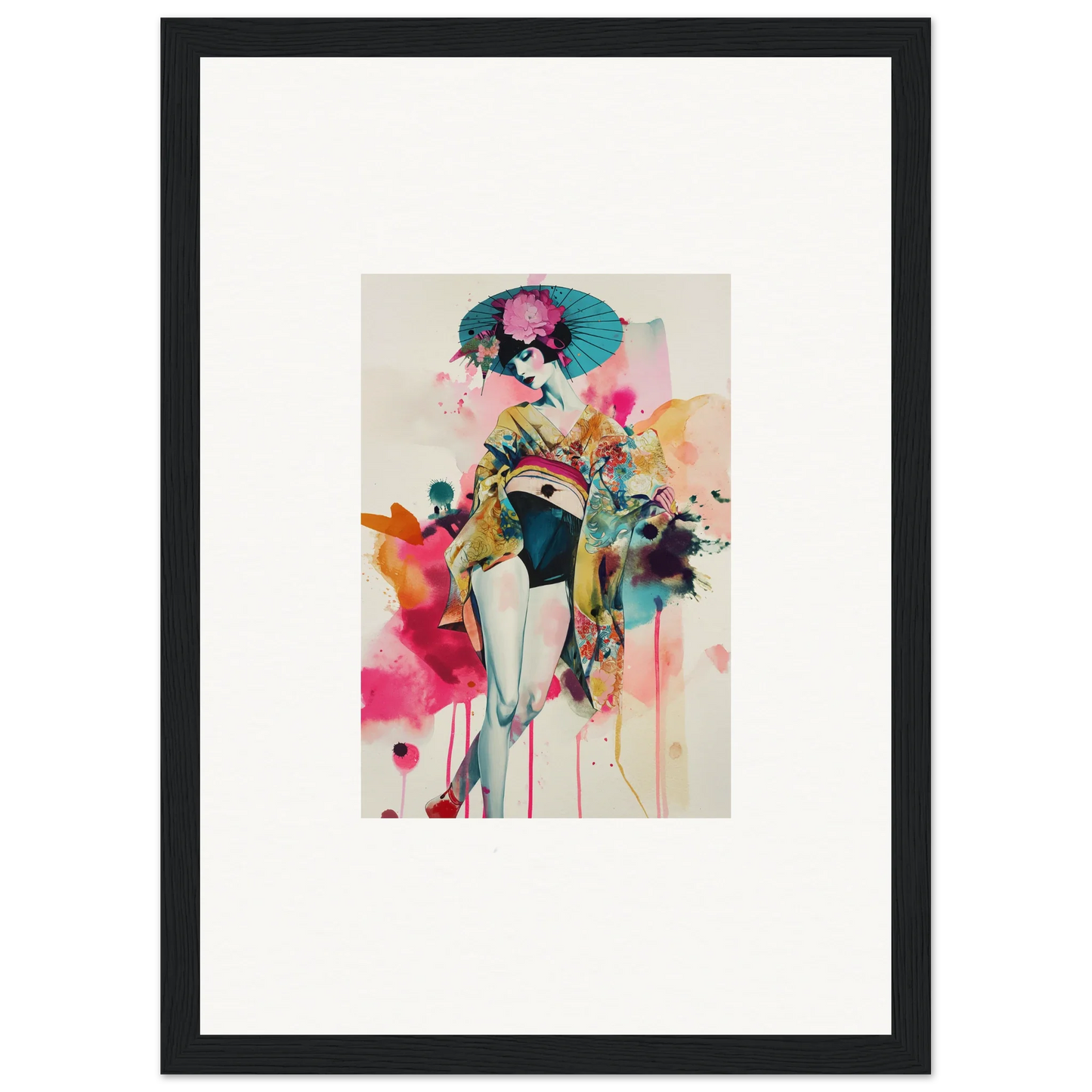 Colorful abstract watercolor wall art of a female figure with a parasol for room decoration