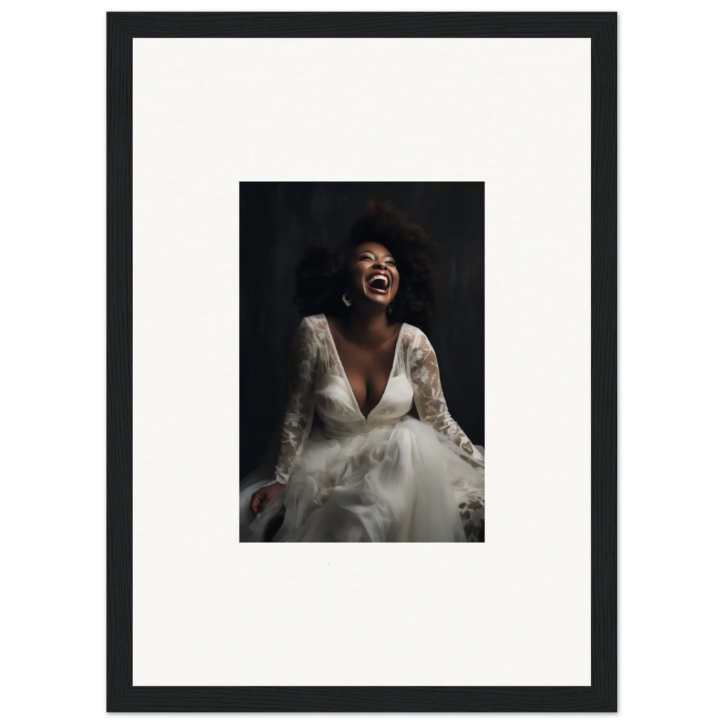 Joyful bride in lace dress showcasing Timeless Essence Laughter framed wall art