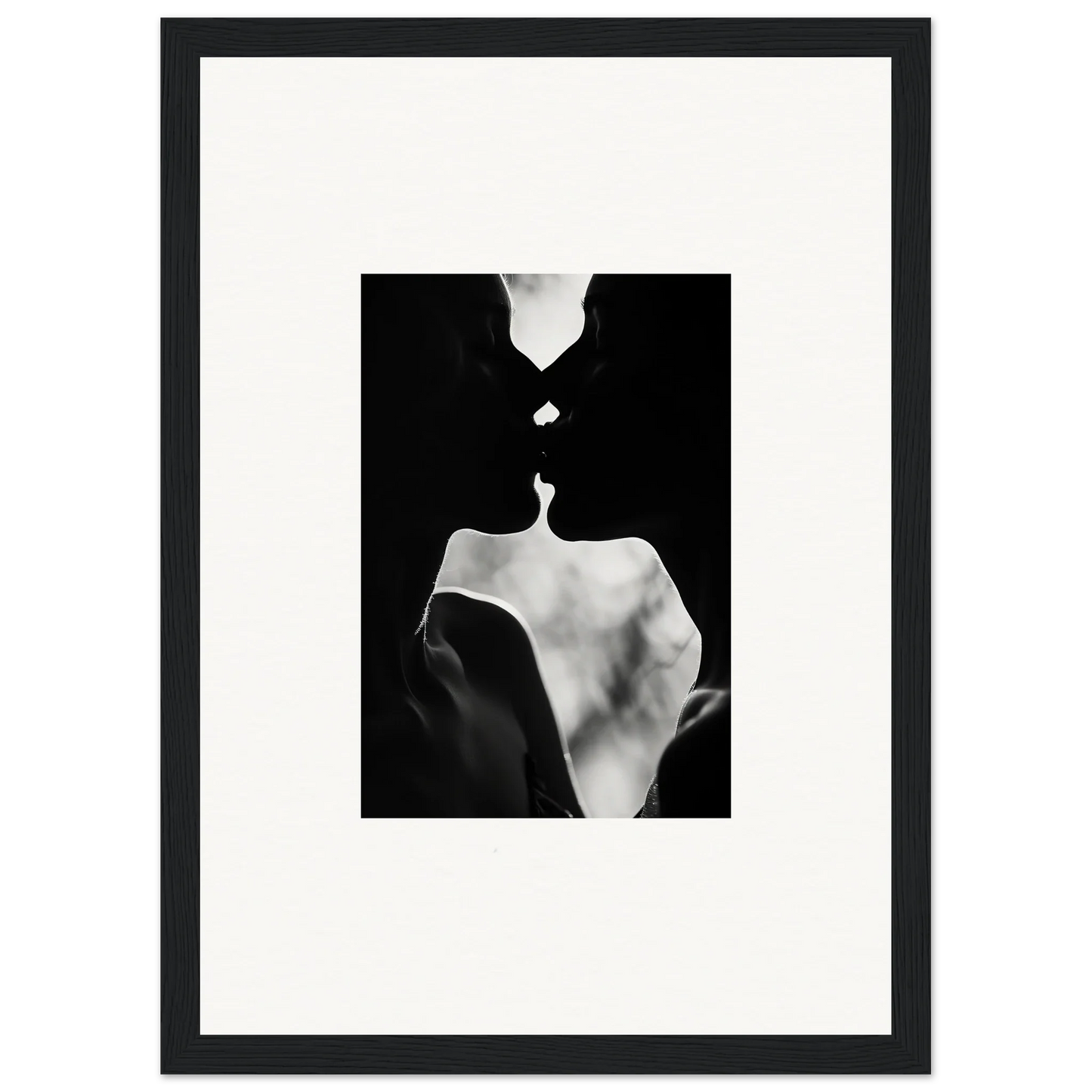 Black and white silhouette kissing in Shadowy Dawn Nuance framed wall art