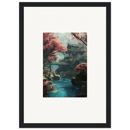 Traditional Japanese pagoda and cherry blossoms in Zen Dream Symphony framed wall art