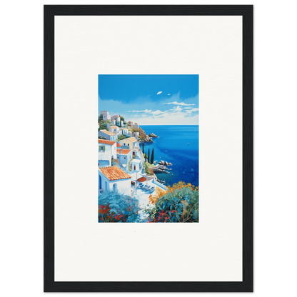 Framed Mediterranean art of white buildings over blue waters, Sunlit Dreamscape Promise