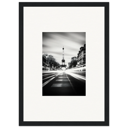 Black and white Eiffel Tower street view, perfect for Synth Wave Elysium framed wall art