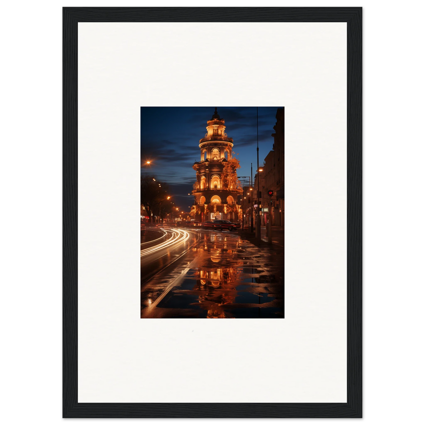 Luminous Neo’ici Dops framed wall art of bell tower reflected in wet street at night