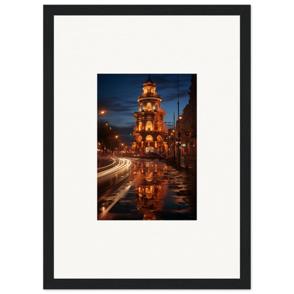 Luminous Neo’ici Dops framed wall art of bell tower reflected in wet street at night