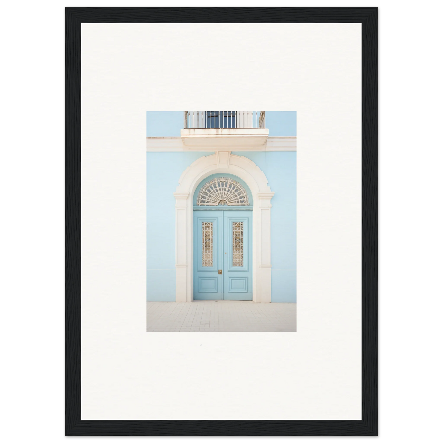 Light blue arched door with glass panels in Delphinium Dream Portal framed wall art