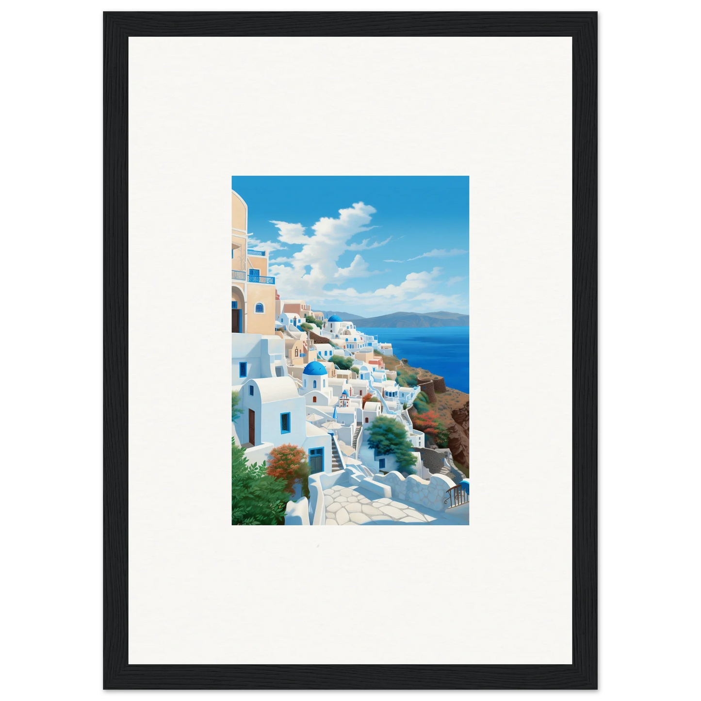 Framed Sunday Stahl Messiração artwork of Santorini’s white buildings and blue domes