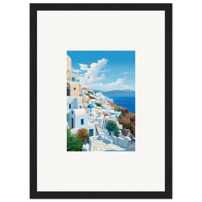 Framed Sunday Stahl Messiração artwork of Santorini’s white buildings and blue domes