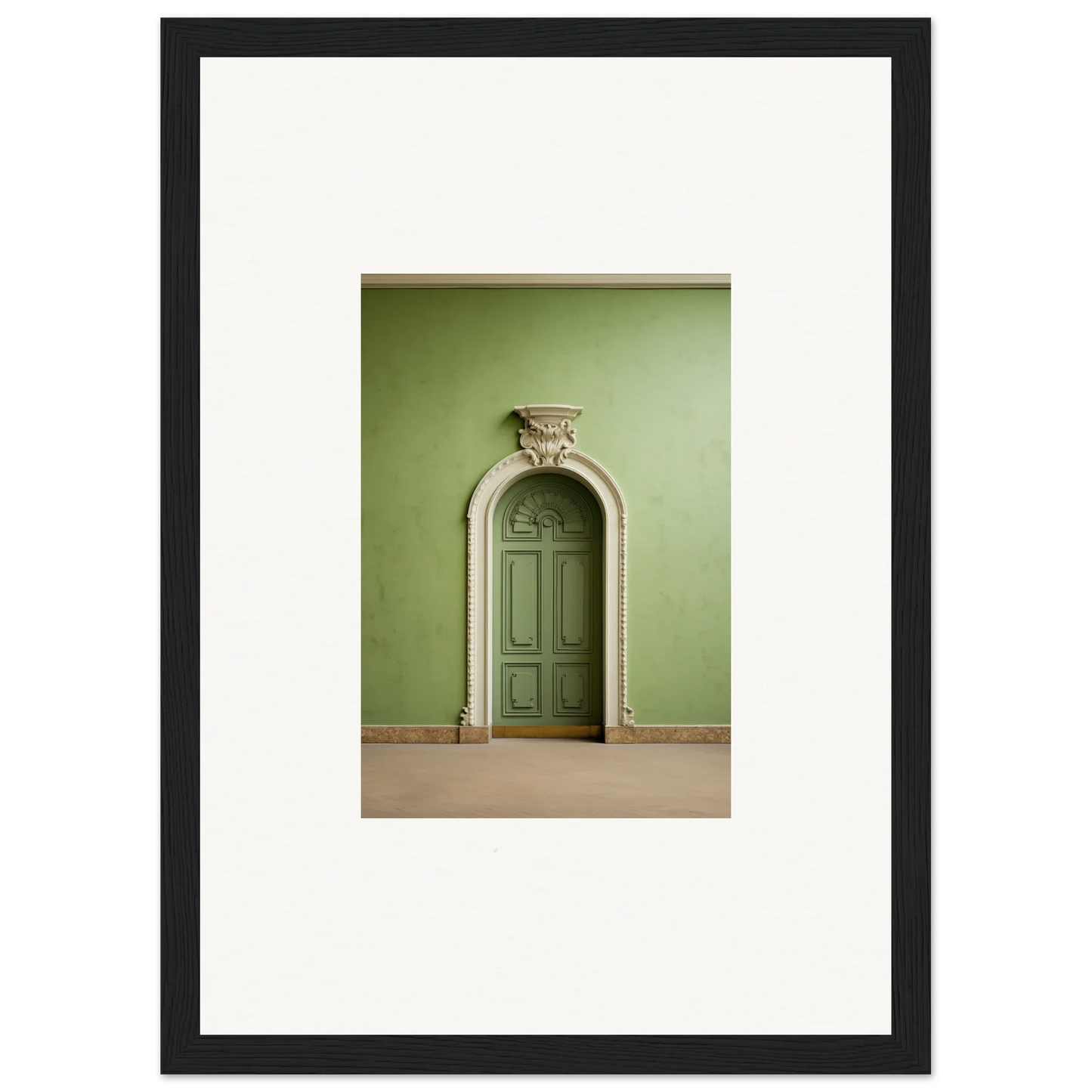 Arched green door with stonework in Verdant Illusion Sphere framed wall art