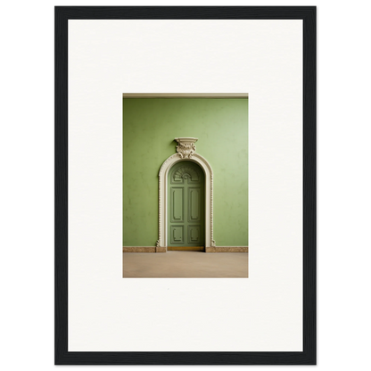 Arched green door with stonework in Verdant Illusion Sphere framed wall art