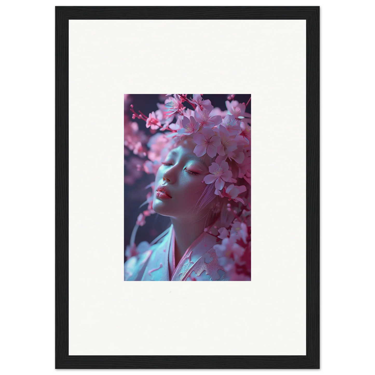 Framed photograph of a person with pink cherry blossoms for stylish room decoration