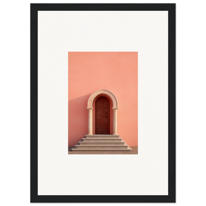 Red wooden door in arched entryway, part of the Ethereal Sunset Gateway