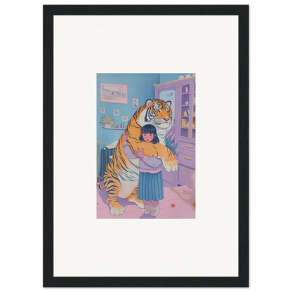 Framed wall art of a girl hugging a tiger perfect for room decoration