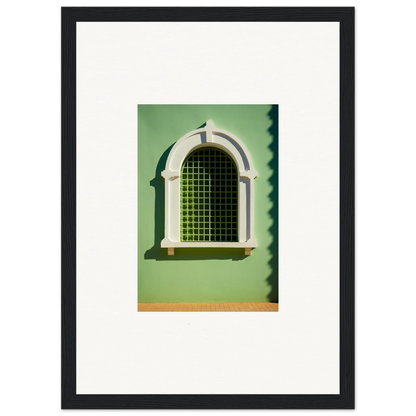 Arched window with white trim and green grating of the Visible Equilibrium Window